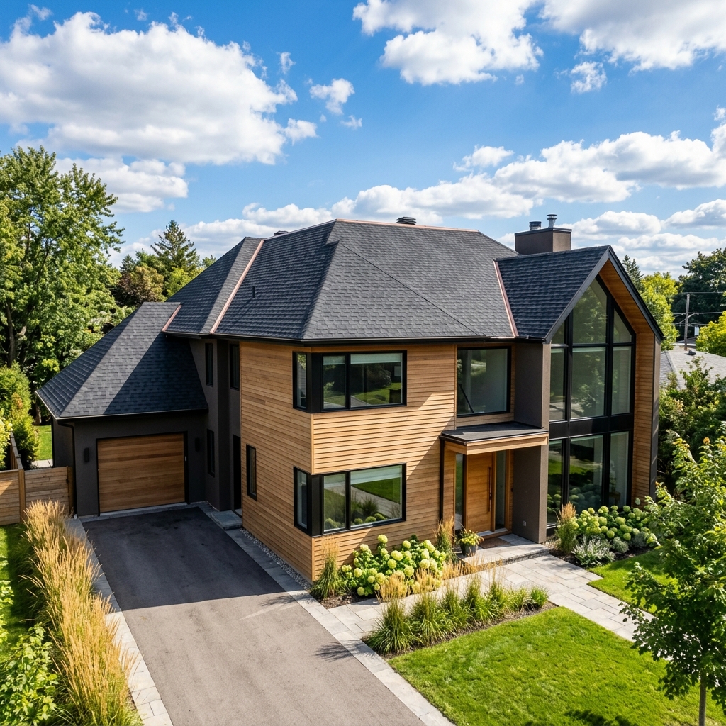 Roofing service on modern home